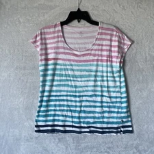 Talbots Womans Blouse Top Multicolor Small Striped Cotton Blend Round Neck