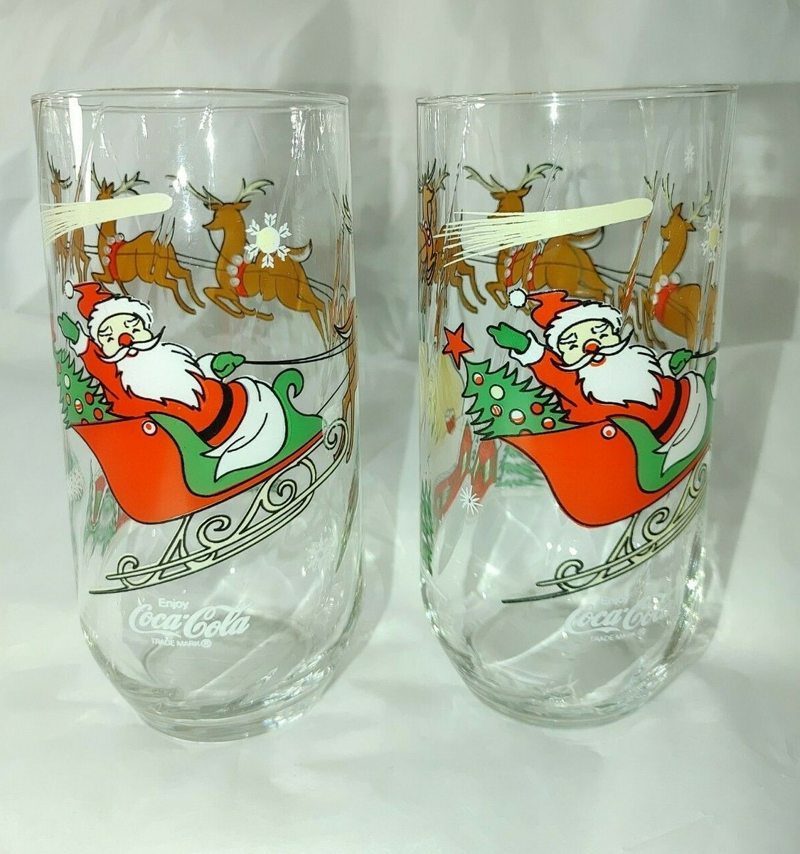 Vtg Santa Coca Cola Christmas Glasses- Set 2- House with Santa 70s