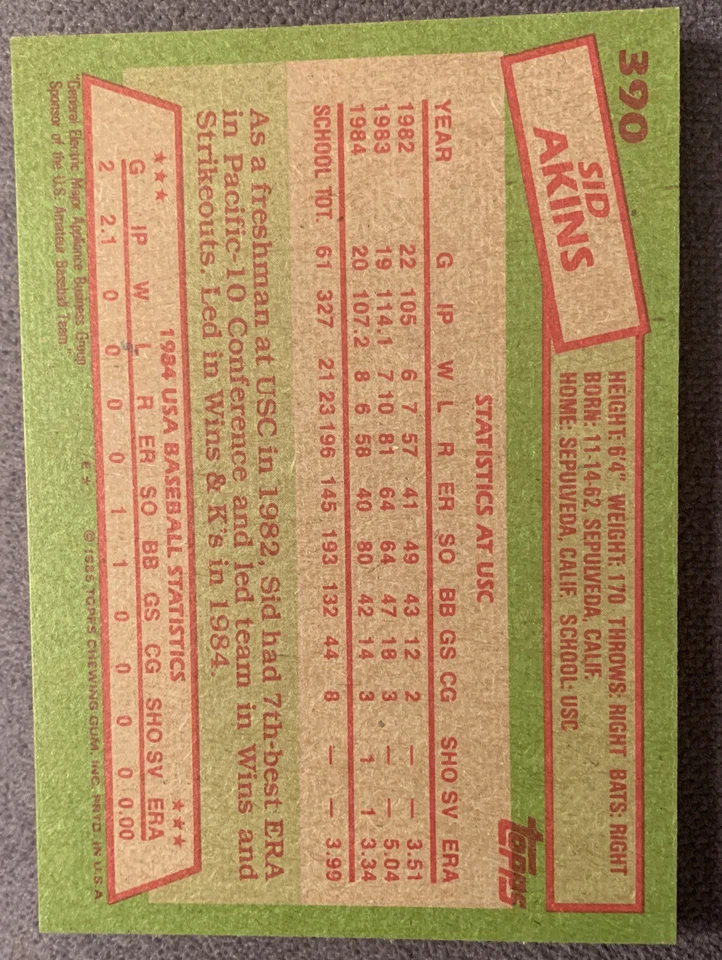 Sid Akins￼ 1985 Topps Team USA Baseball #390 - Image 2 of 2