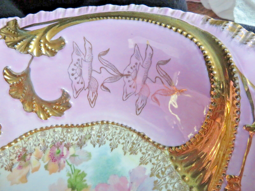 Gilded DARK PINK Hand Painted Porcelain Bowl - Antique Floral Rose, Unmarked LG. - Picture 6 of 14