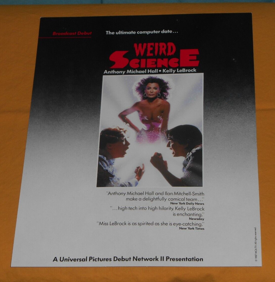An original vintage Weird Science advertising card — actual printed ephemera from the 1985 film, not a reproduction.