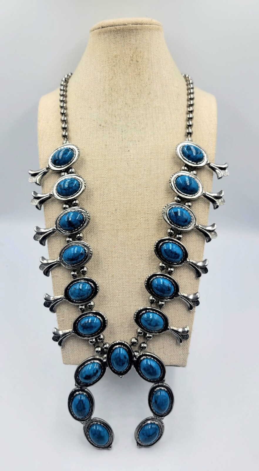 Vtg Unsigned Goldette Faux Turquoise Silver Tone Heavy Squash Blossom