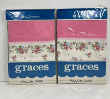 2 Vintage GRACES Standard Pillow Case White w/Pink Flowers - Pink Trim NEW