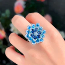 Big Flower Adjustable Ring Silver Plated CZ Blue Crystal Lady Engagement Jewelry