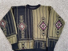 VTG Wool Blend Southwestern Motif Sweater Adult Large Olive Green Black Knit