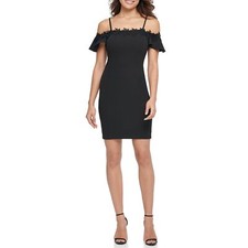 Kensie Women's Lace Trim Off The Shoulder Mini Dress, Black, 6