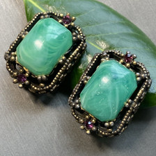 Art Deco Czech Vintage Clip-On Earrings Peking Glass Estate Jewelry Pre-owned