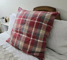 Pottery Barn Pillow Sham Cover Only Gray Red Tan Plaid Quilted Cotton Euro HTF