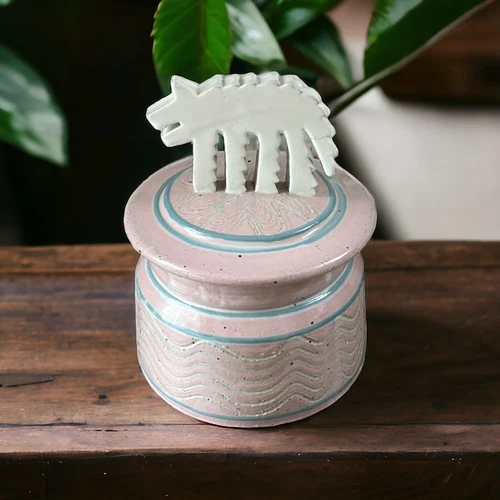 VTG Cunningham Pottery Coyote Southwestern Pink Jar & Lid FLAW
