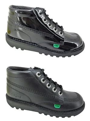 KICKERS Kick Hi Black Leather Boys Girls Ankle Boots Patent New Sale Size 12-6 - Image 1 of 4