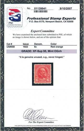 U.S. Scott #558 W/PSE Cert: Grade XF-Sup 95, Mint O.G. MNH Scott Supp: $300.00 - Picture 2 of 2