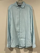 Saks Fifth Avenue Men's Dress Shirt 100% Linen Size Medium Classic Fit Blue