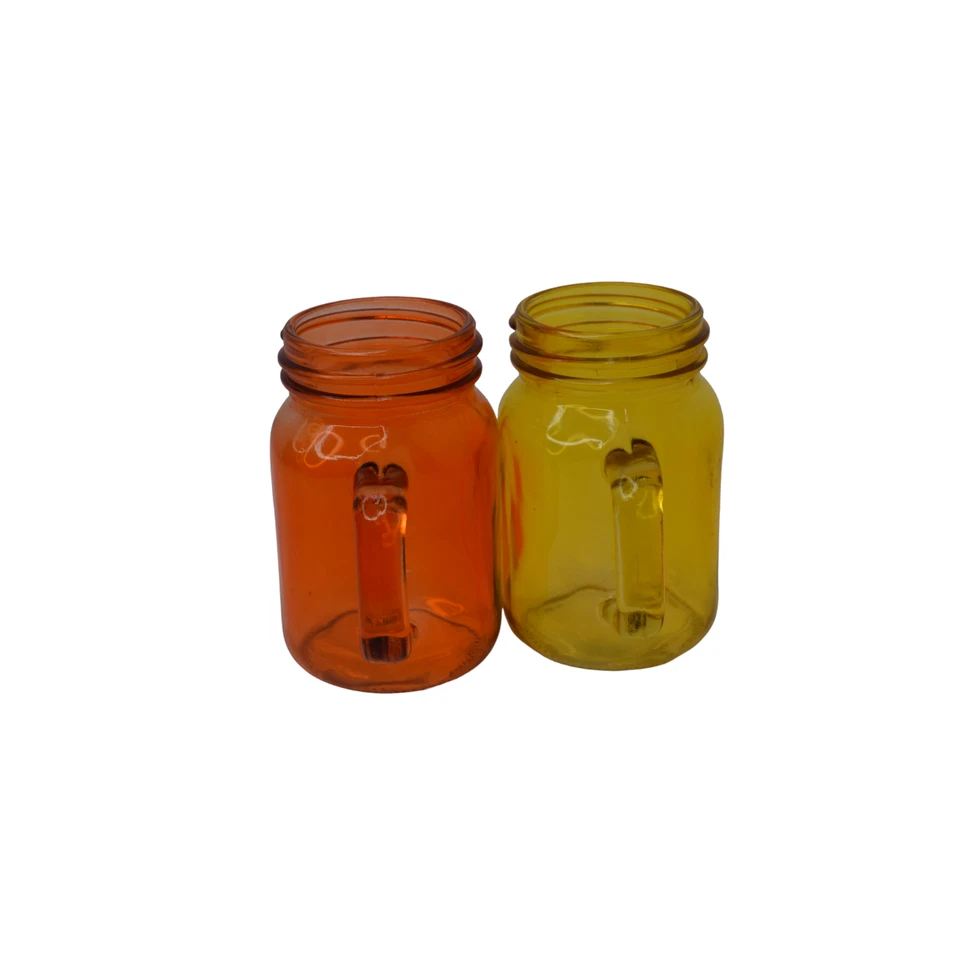 Juego de 2 vasos pequeños de vidrio de colores estilo tarro de albañil con mango naranja y amarillo Foto 4 de 4