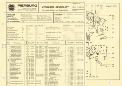 Datenblatt Einstelldaten Solex 34 PDSIT-2/-3 Vergaser VW Bus / Transporter 70PS