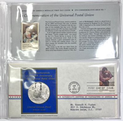 1974 Franklin Mint Sterling Silver Postal Union First Day Cover