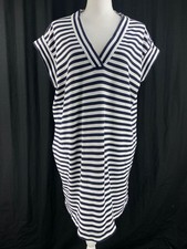 ATM Anthony Thomas Melillo Extended Shoulder V Neck Dress L Navy White Stripe