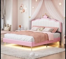 Princess Full Size Upholstered Bed with Crown Headboard Pink/White Queen Design