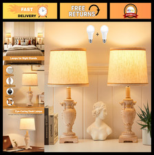 Set of 2 Table Lamps with LED Bulbs, 3-Way Dimmable Vintage Linen Shade, Nightst