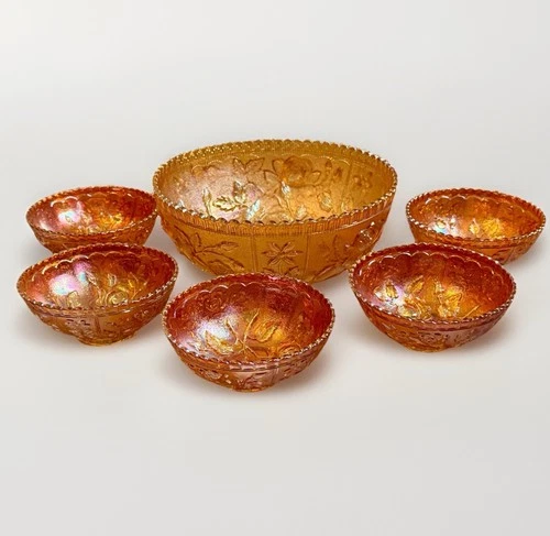 Vintage 1900s Imperial Carnival Glass Berry Bowl Set Marigold Open Rose Pattern