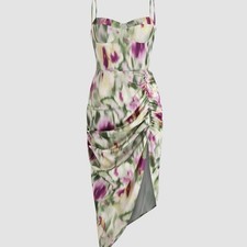 Cider Illusion Ruched Midi Dress in Green and Purple Floral Size L