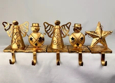 Lot 5 Rustic Antique Gold Colored Metal Fireplace Stocking Hangers Holiday Heavy