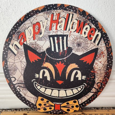 Vintage "Happy Halloween" Black Cat Party Hat Bowtie Tin Metal Sign Wall Art 8x8