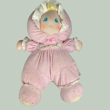 Vintage Well Made Toy Corp Pink Terry Cloth Baby Doll Plush Ruffle Bonnet Lace
