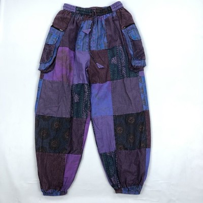 KIRAT Women's Patchwork Harem Pants ONE SIZE Drawstring Elastic Waist Purple