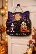 Personalized Halloween Cat Sign, Halloween Door Hanger, Spooky Cat Decor