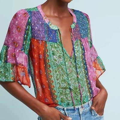 Akemi + Kin Anthropologie Antonella Peasant Top Patchwork Multi Smocked Sheer M
