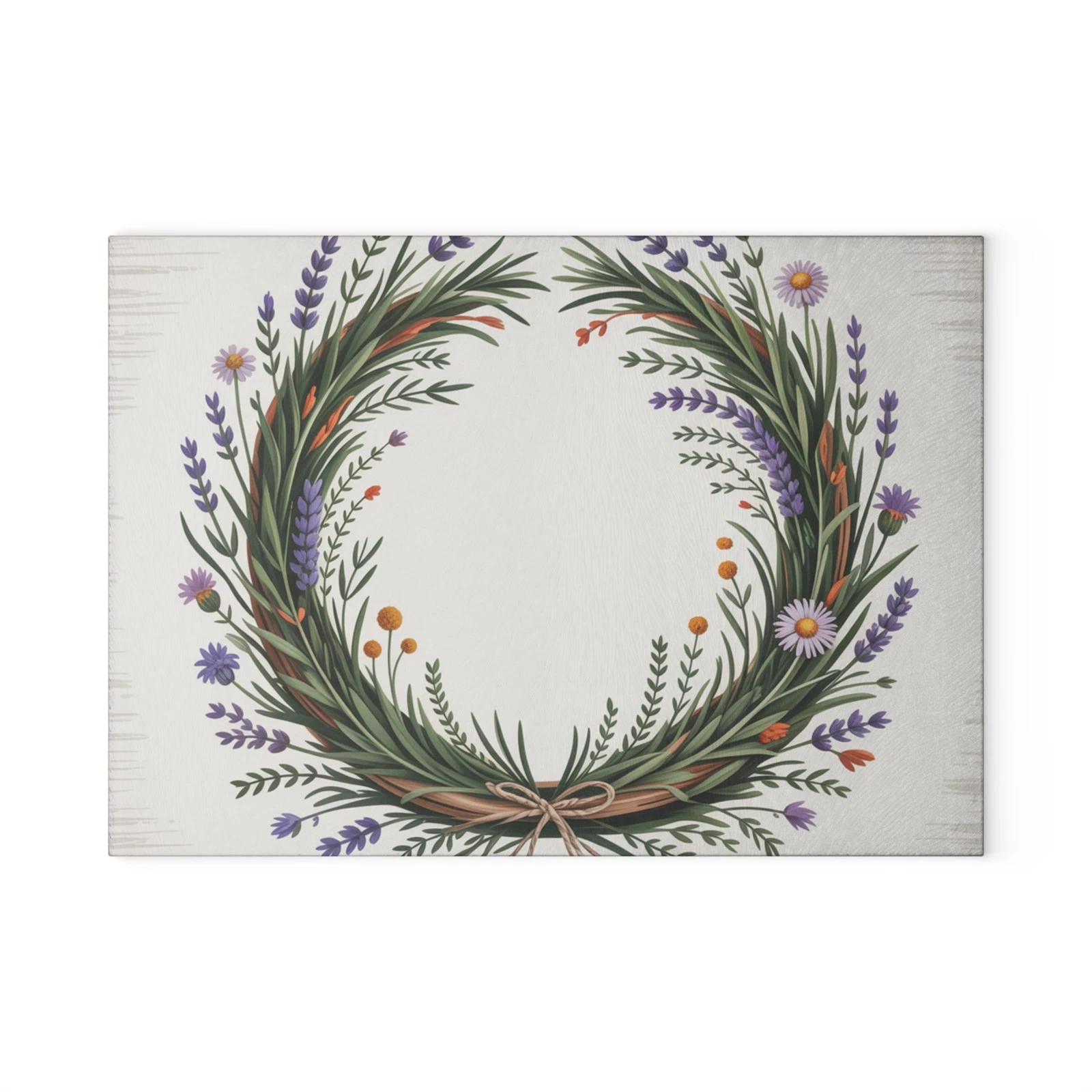 Lavender Wildflower Wreath Glass Cutting Board | Botanical Kitchen Decor