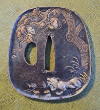 Japanische Shakudo Tsuba Gold Silber Intarsien W&ouml;lfe signiert Shuzan Edo Meiji