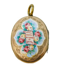 Victorian 9ct Gold Back & Front, Enamel 'Many Happy Returns' Locket Antique