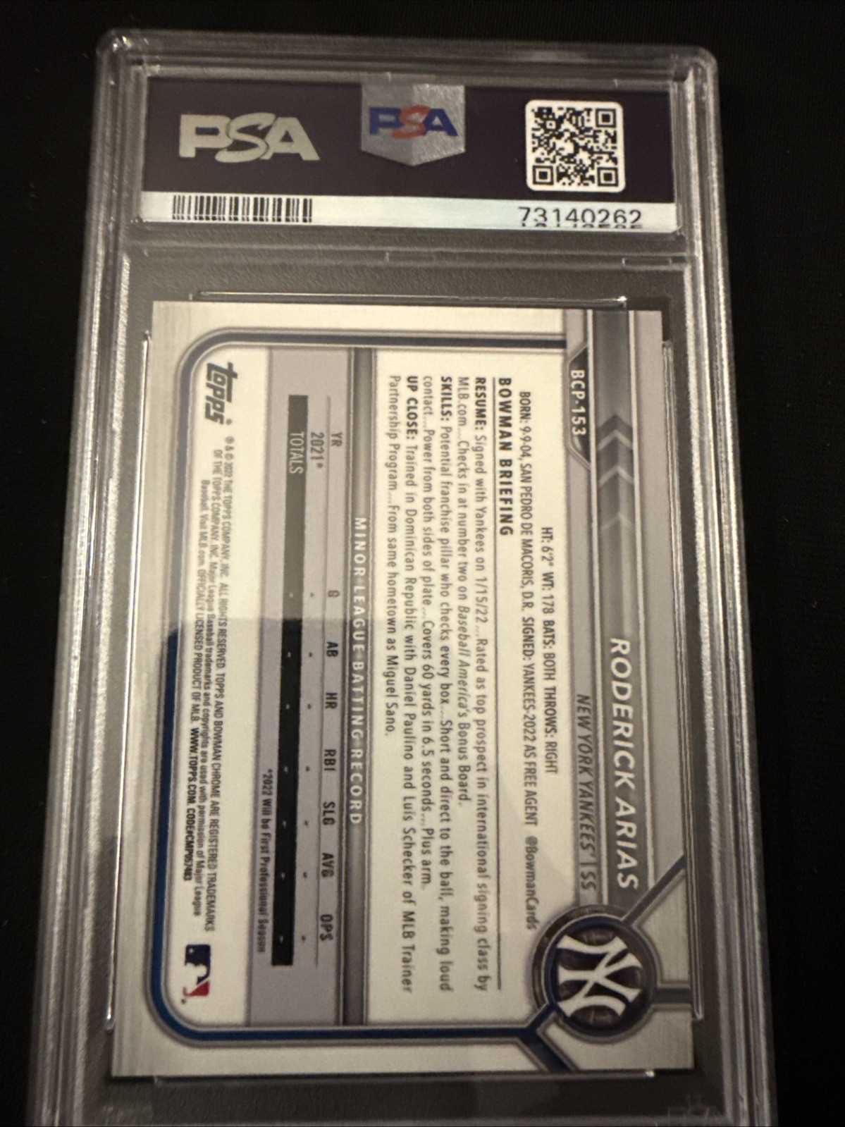 2022 Bowman Chrome Sapphire Prospects Orange 65/75 Roderick Arias PSA 9 🔥🔥🔥 view 2