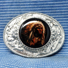 Indian Chief Mount Belt Buckle Native American Western Scroll Vintage 90s.TWY925