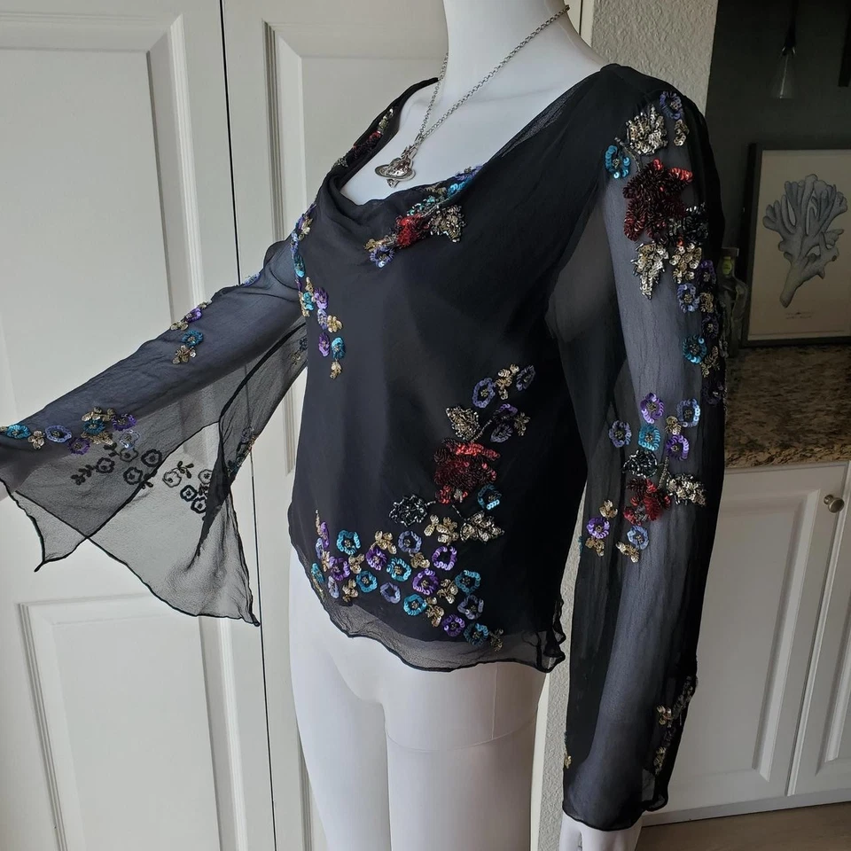 Newport News 100% Silk Black Women's Cowl Neck Sequin Long Sleeve Top - Image 4 of 4