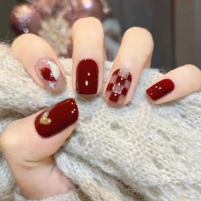 French Square False Press On Short Nails Full Cover Shimmer Art 24 Stück Rot/Gold