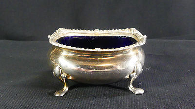 British Silverplated Footed Open Salt Cellar. Maker's Marks & Blue Glass
