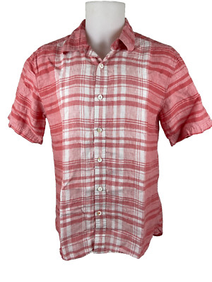 Nat Nast Men Large Linen Short Sleeve Shirt Light Red White Plaid Casual Beach