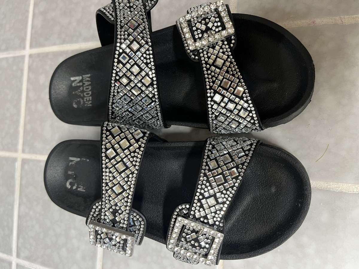 Steve Madden slip on Rhinestone BLING sandals black girls sz Good  condition!