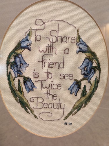 Vtg 1992 Canterbury Bells Friendship Framed Mat Completed Cross Stitch 13" x 14" - Picture 3 of 7