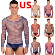 Mens Fishnet Shirt Top Mesh See Through Long Sleeve Muscle Net Undershirt New