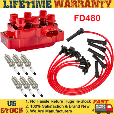 FD480 Ignition Coil Bobina & Spark plug & wire For Ford Explorer Sport Trac 4.0L