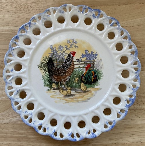 Vtg Handmade Ceramic Reticulated Plate Decor Chickens Grandma Core Kitschy 1996