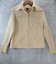 Vintage Eagles Eye Sweater Cardigan L Beige 90s Cottage Zip Wool Pom Cowl Neck 