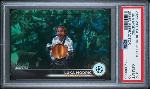 2022-23 TOPPS STADIUM CLUB CHROME UEFA 37 LUKA MODRIC GREEN REFRACTOR PSA 10 /99