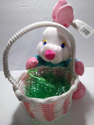 EASTER BASKET plastic with Plush Blue Pink White Bunny Rabbit Attached Woven