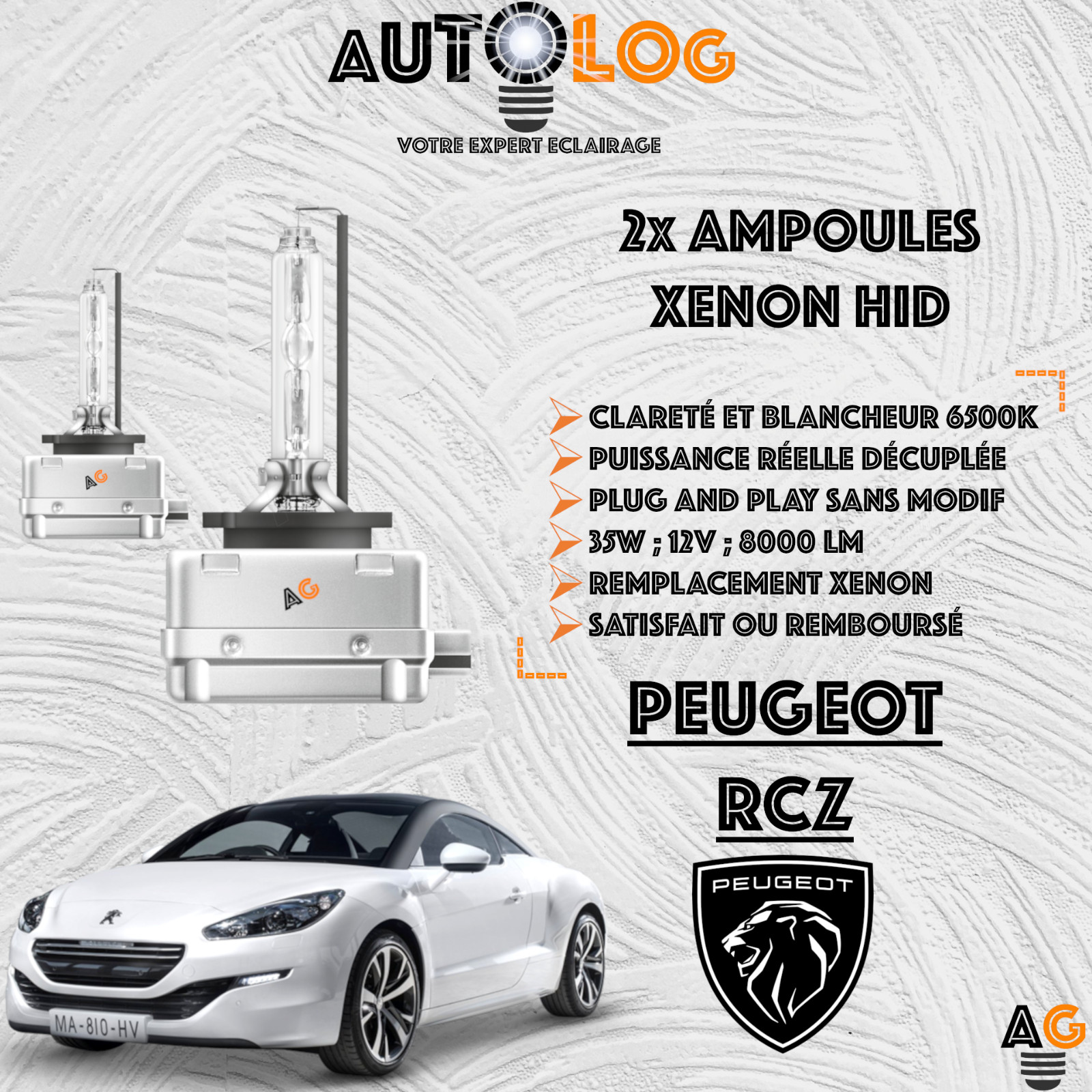 Ampoules xénon HID Peugeot RCZ kit 2x feux de route anti-scintillement blanc pur intense