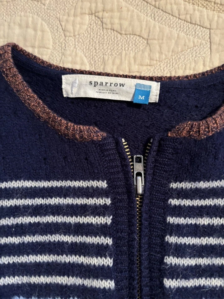 SPARROW by ANTHROPOLOGIE M Sweater Blue Stripe Zip Front Wool Blend Medium - Image 4 of 4