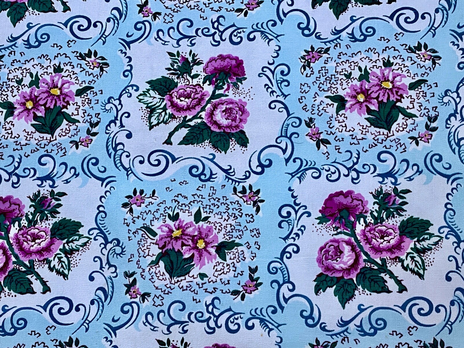 40's Purple & Turquoise Shabby Chic Rococo Barkcloth Era Vintage Fabric